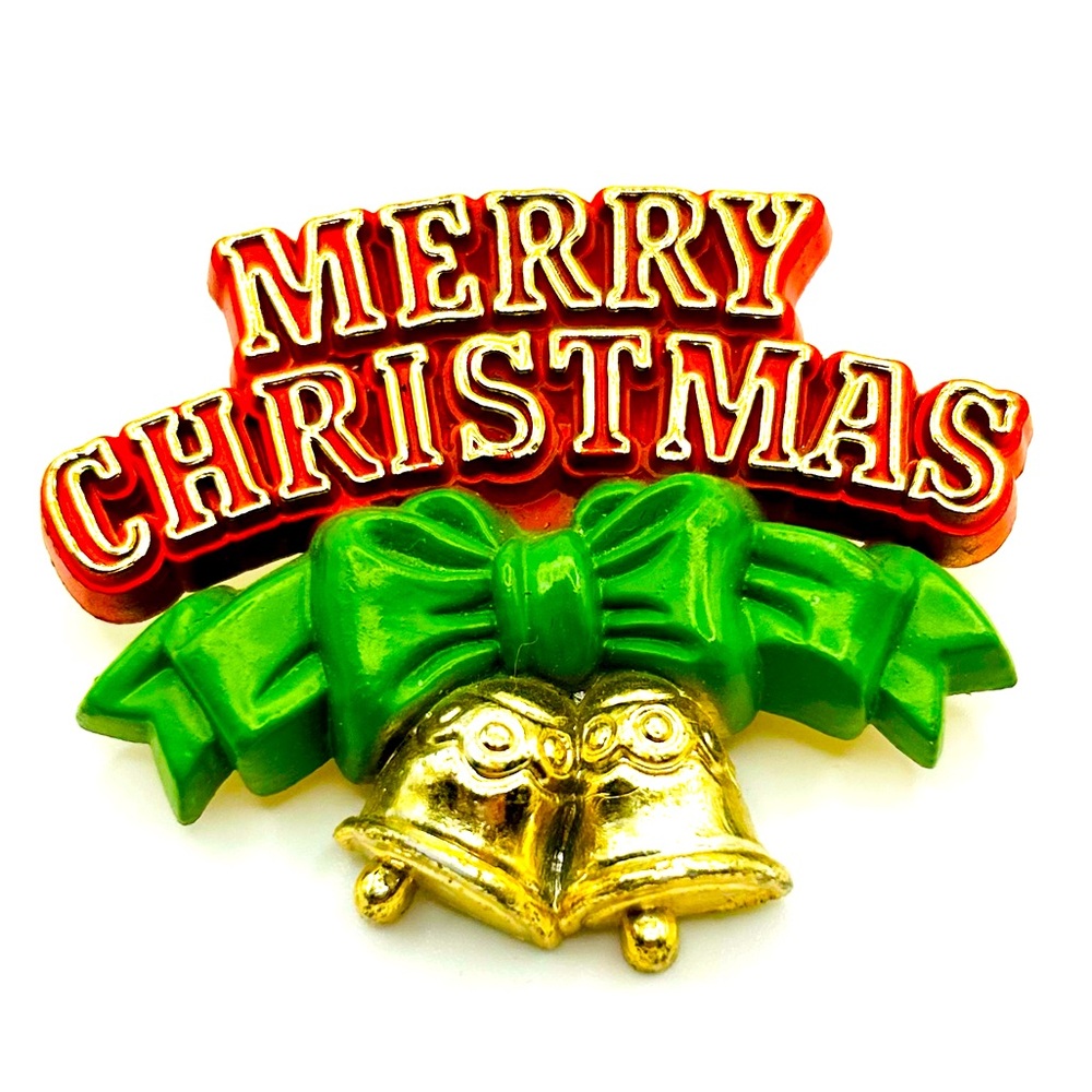 Merry Christmas vintage holiday bell & bow brooch pin American Greetings